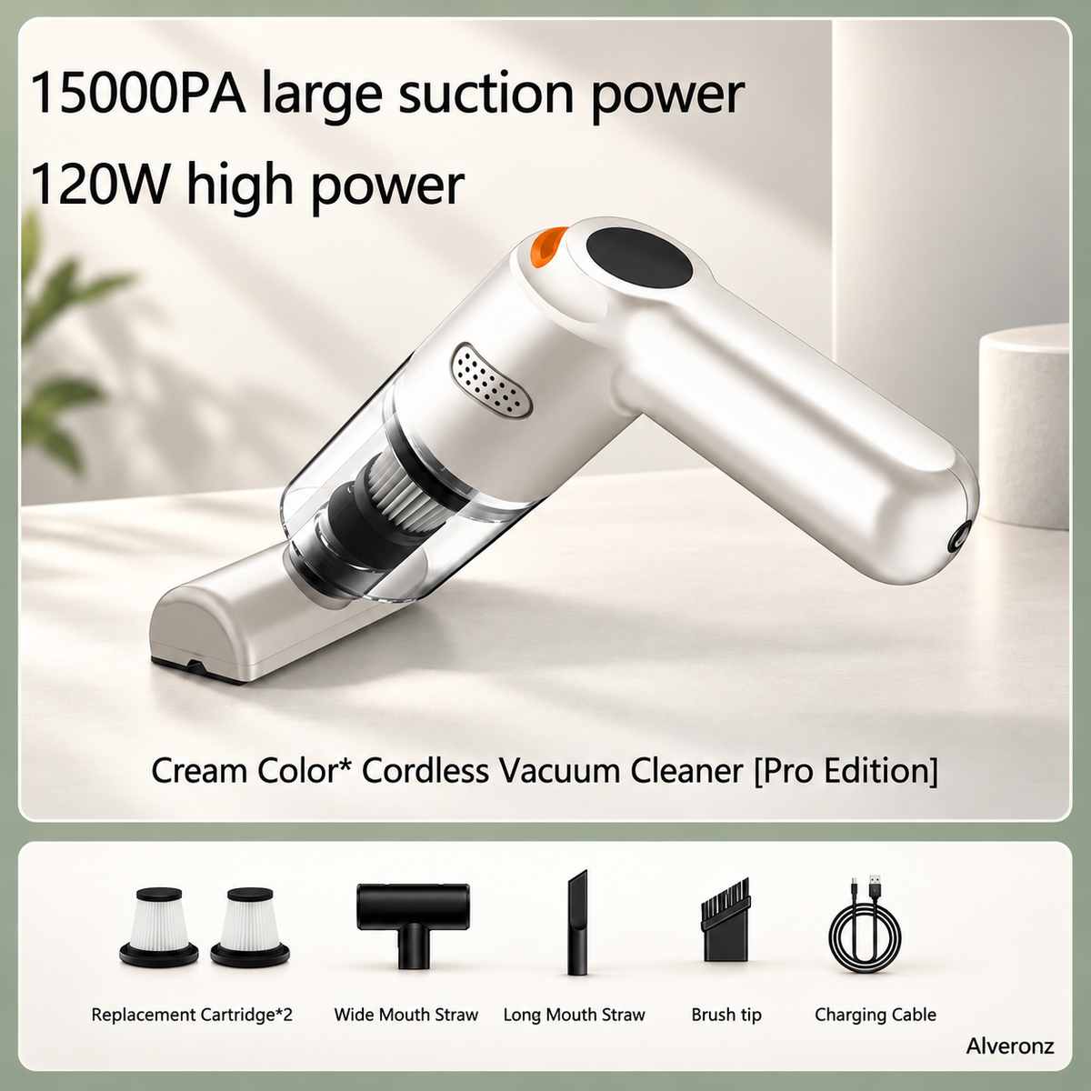 ALVERONZ - Cordless car vacuum – 15000Pa suction, lightweight, long battery life!