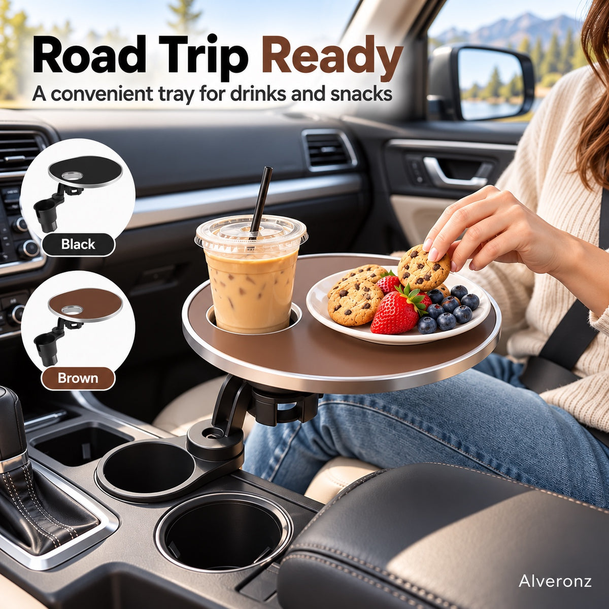 Alveronz-🚗 360° Swivel Car Cup Holder Tray – Adjustable Food & Drink Table