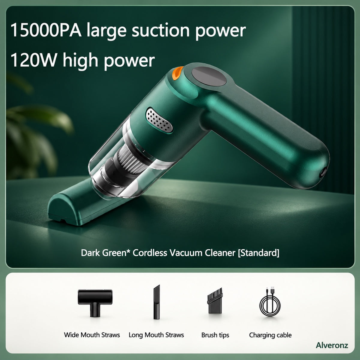 ALVERONZ - Cordless car vacuum – 15000Pa suction, lightweight, long battery life!